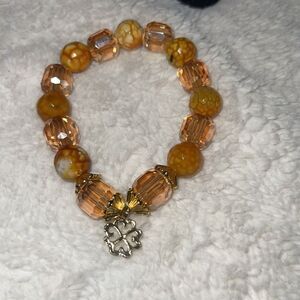 Handmade Amber Fold Artisan Glass Bead Bracelet, African Ghana Adinkra Symbol